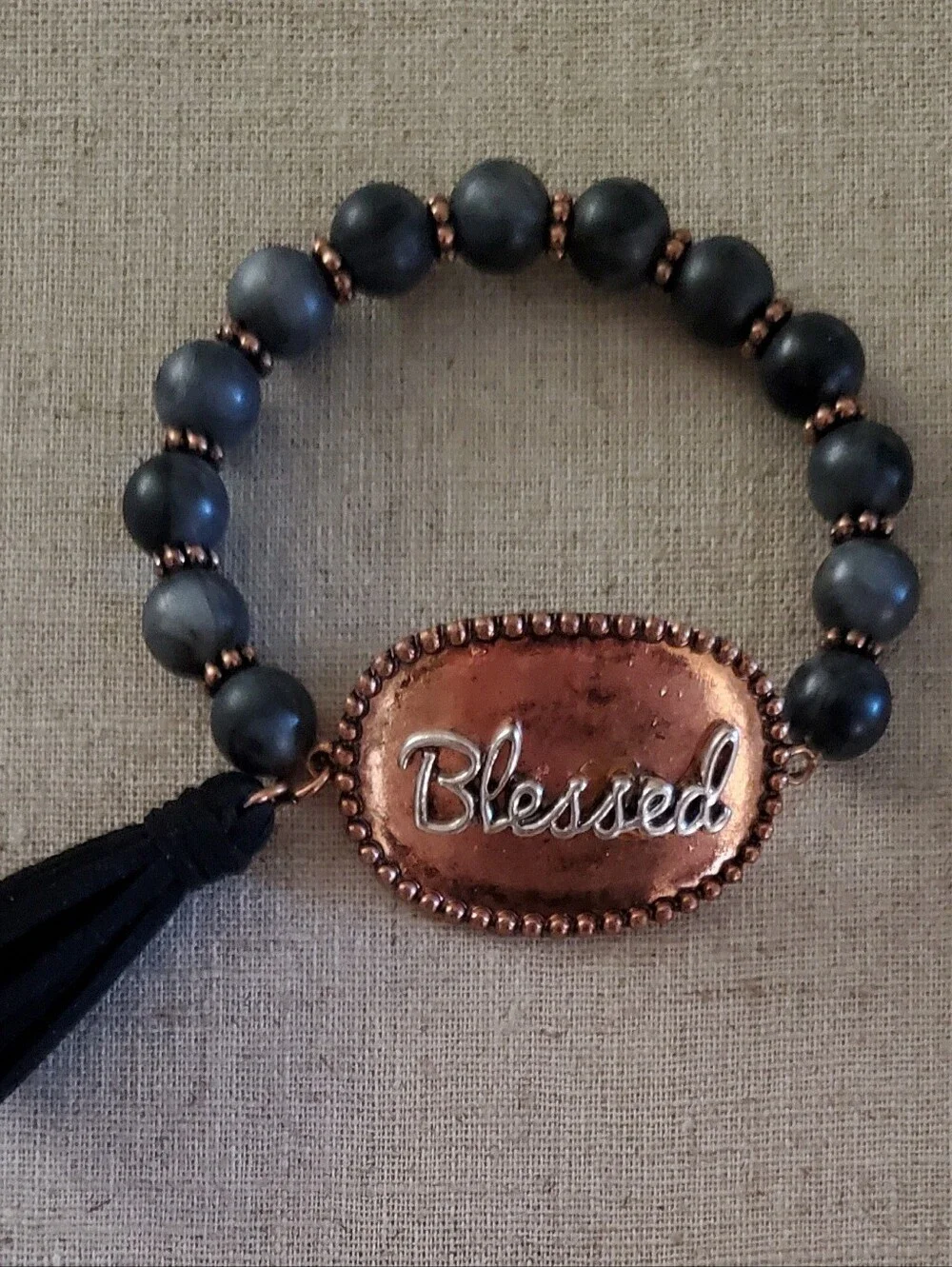 Blessed Black Beaded Stretch Bracelet Copper Tone Tassel Boho OS Boutique New